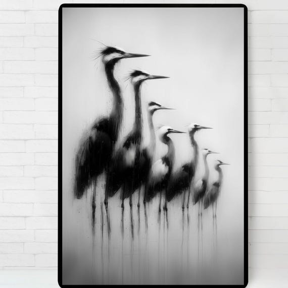 Black And White Heron Silhouette Poster Illustration Print Wall Art Instant