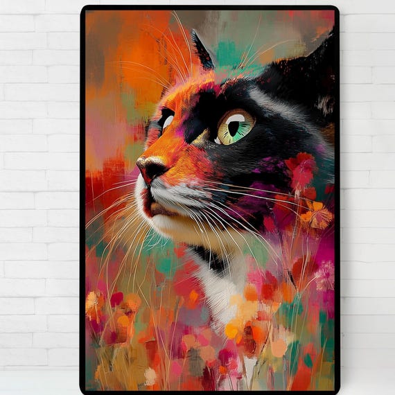 Vibrant Cat Portrait Poster Illustration Print Wall Art Instant