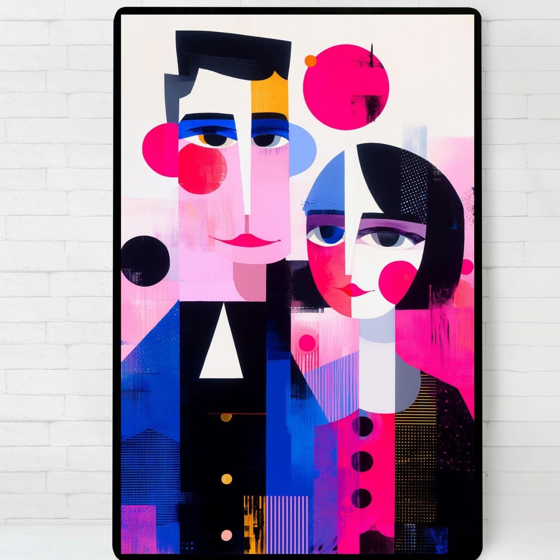 Cubist Couple Abstract Faces Pink Blue Modern Portrait Poster