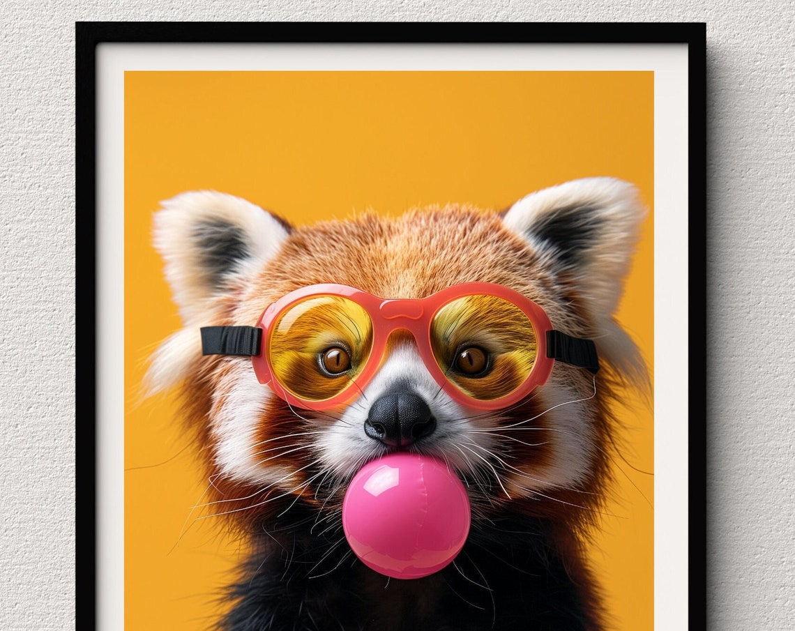 Red Panda in Pink Goggles Blowing Bubblegum on Yellow Pop Art Poster