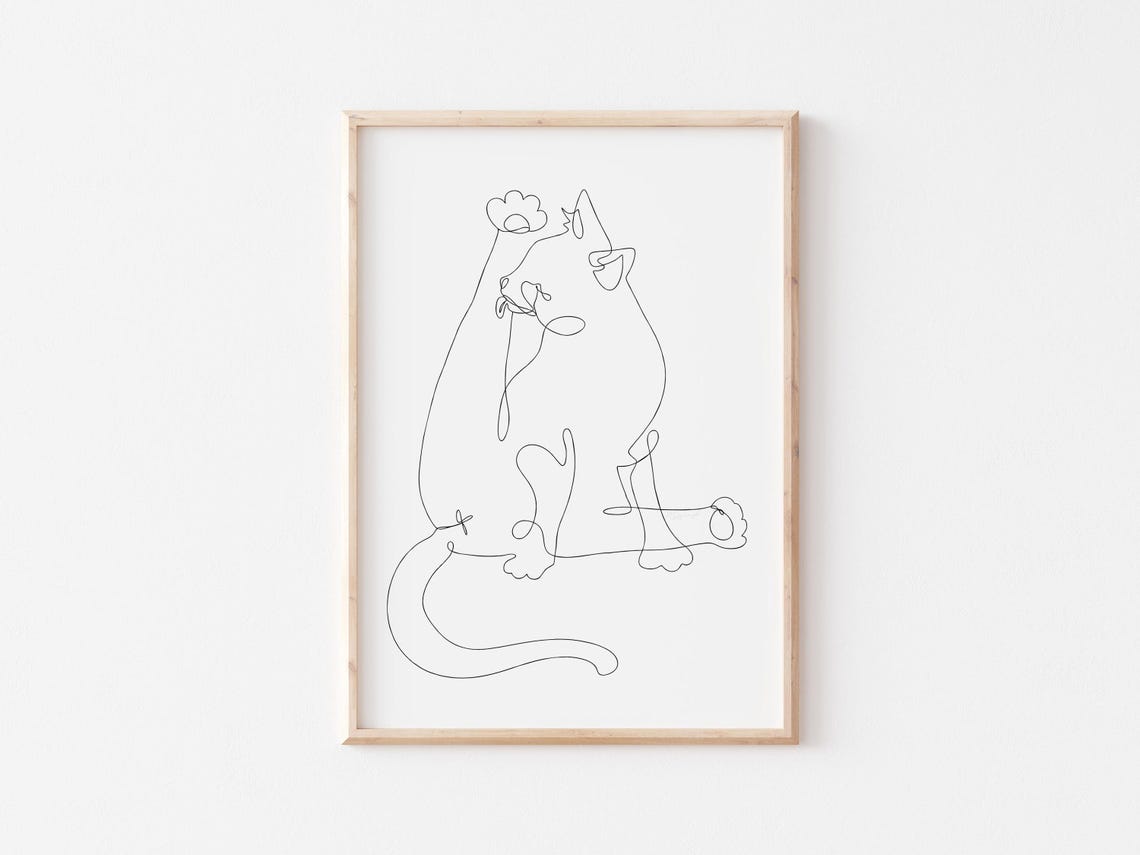 Sweet Sitting Cat Sniffing Flower Minimalist One Line Art Poster - Image 3