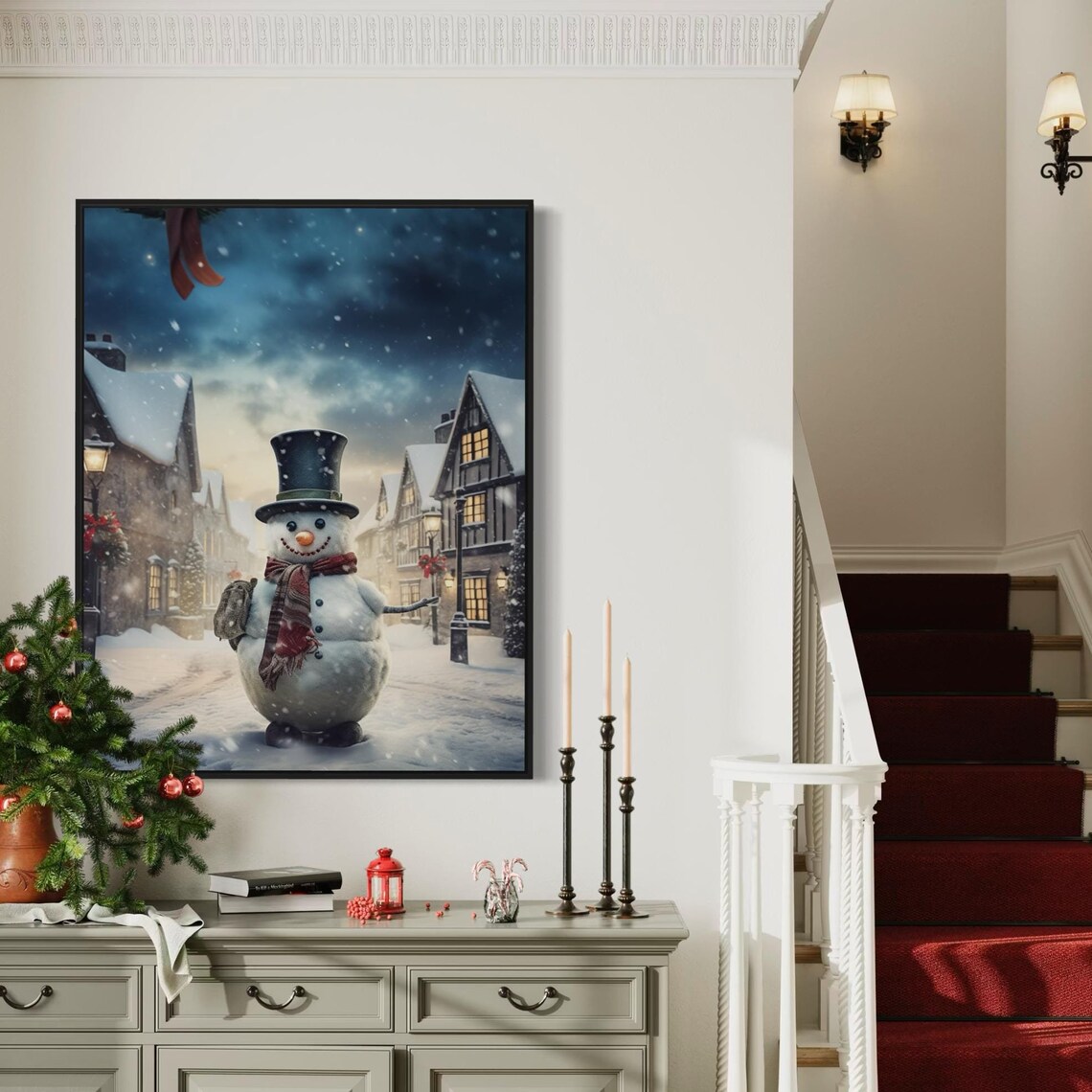 Cute Snowman Top Hat Scarf Snowy Village Street Christmas Art Print