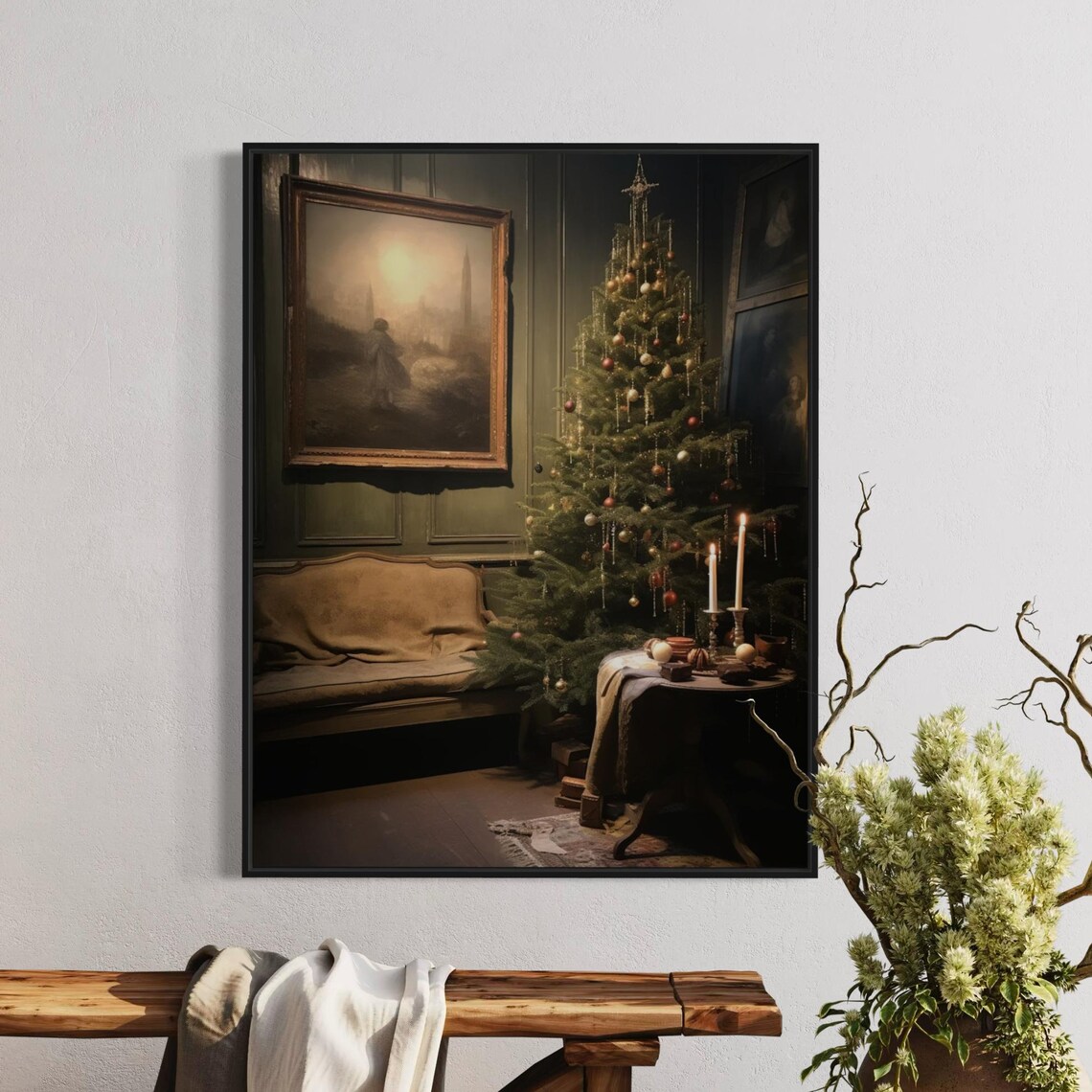 Cozy Christmas Room Tree Candlelight Moody Vintage Interior Wall Art