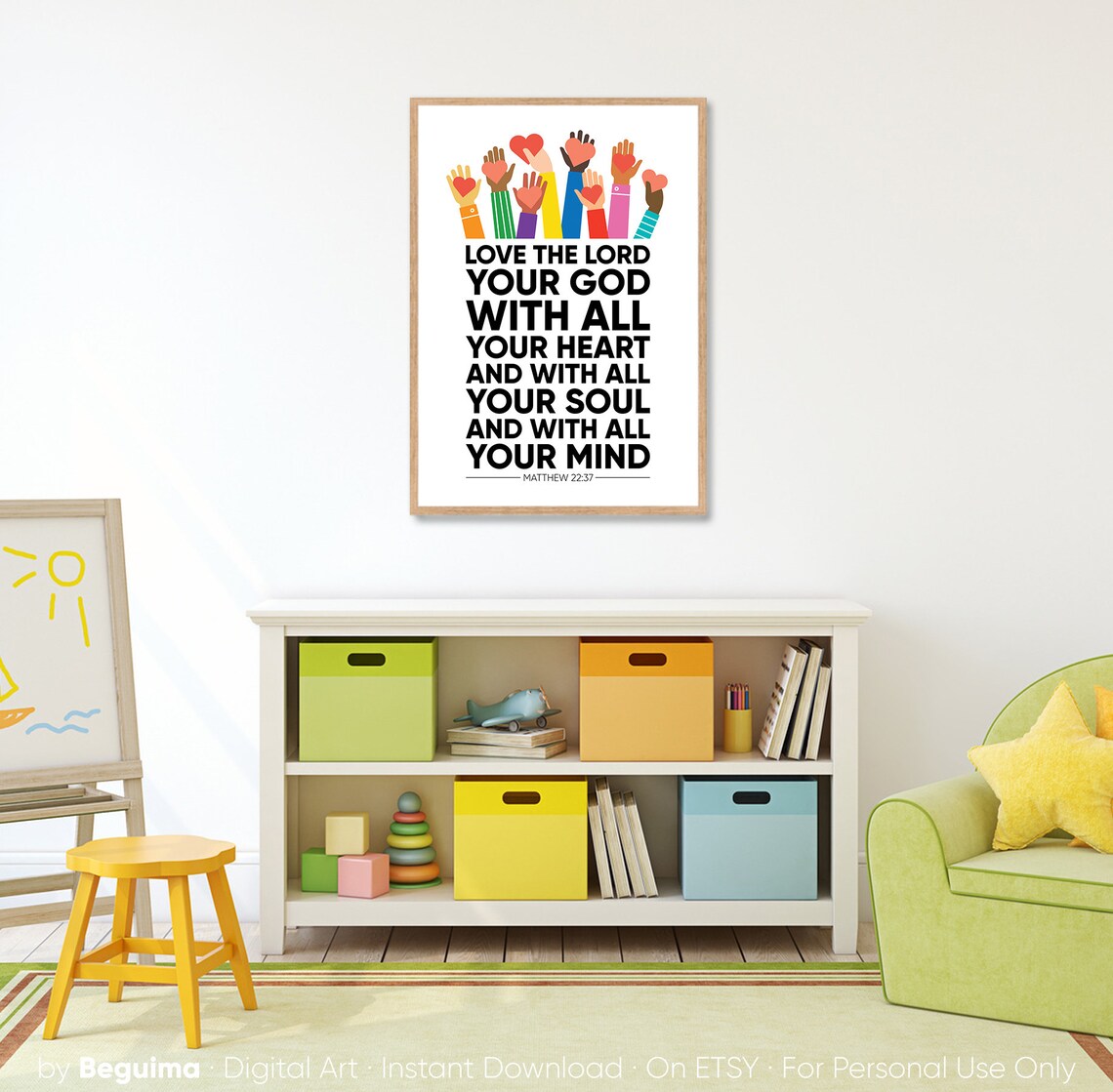 Love The Lord Your God Matthew 22 37 Bible Verse Hearts Kids Poster - Image 4