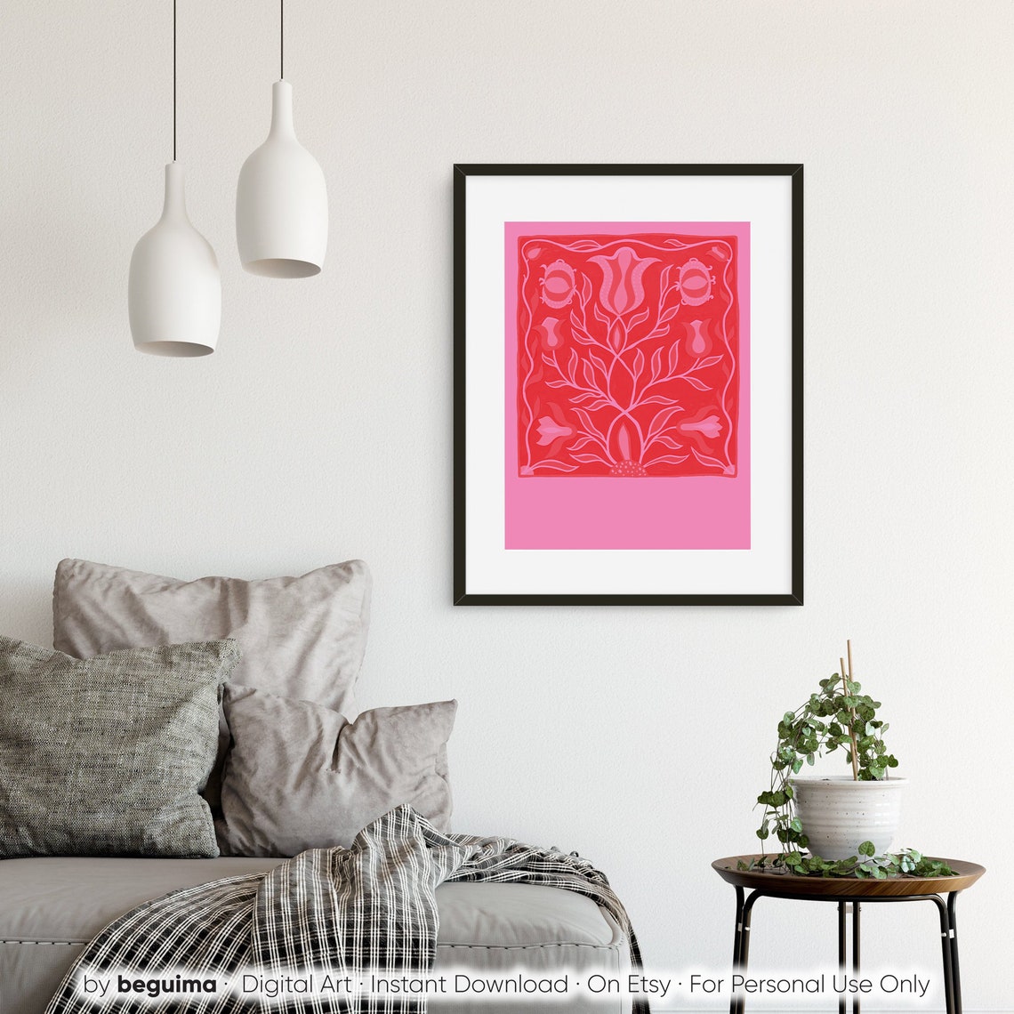 Pink Red Folk Floral Abstract Flower Painting Retro Botanical Poster - Image 2