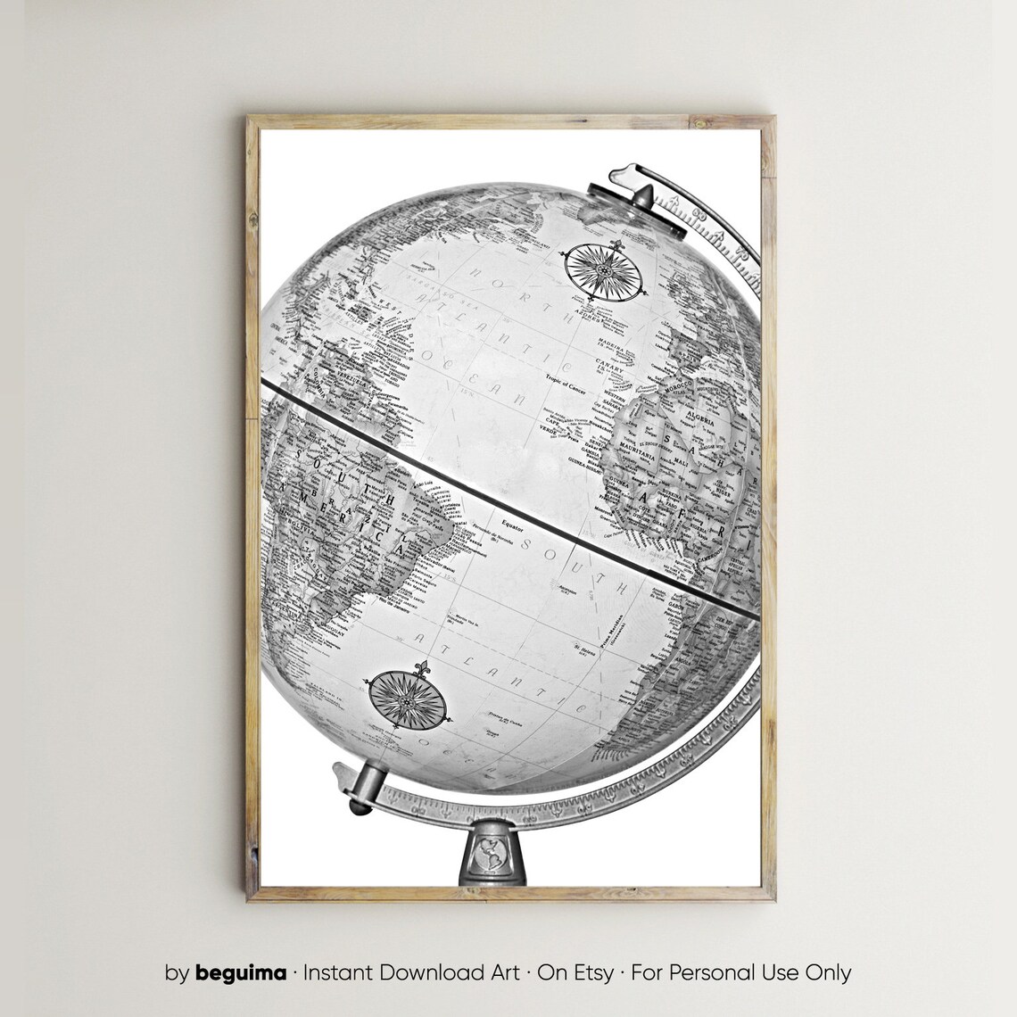 Vintage Desk Globe Old World Map Black and White Travel Poster
