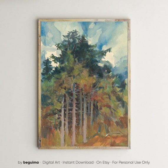 Forest Prints Trees Wall Art Antique Watercolor Painting Vintage Landscape Art Wall Art Rustic Wall Decor
