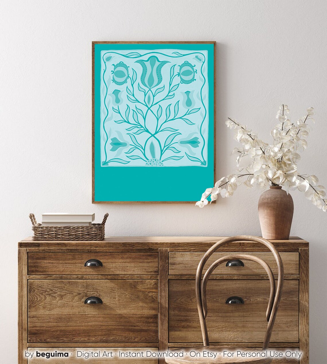 Turquoise Folk Floral Abstract Flower Painting Modern Botanical Poster - Image 4