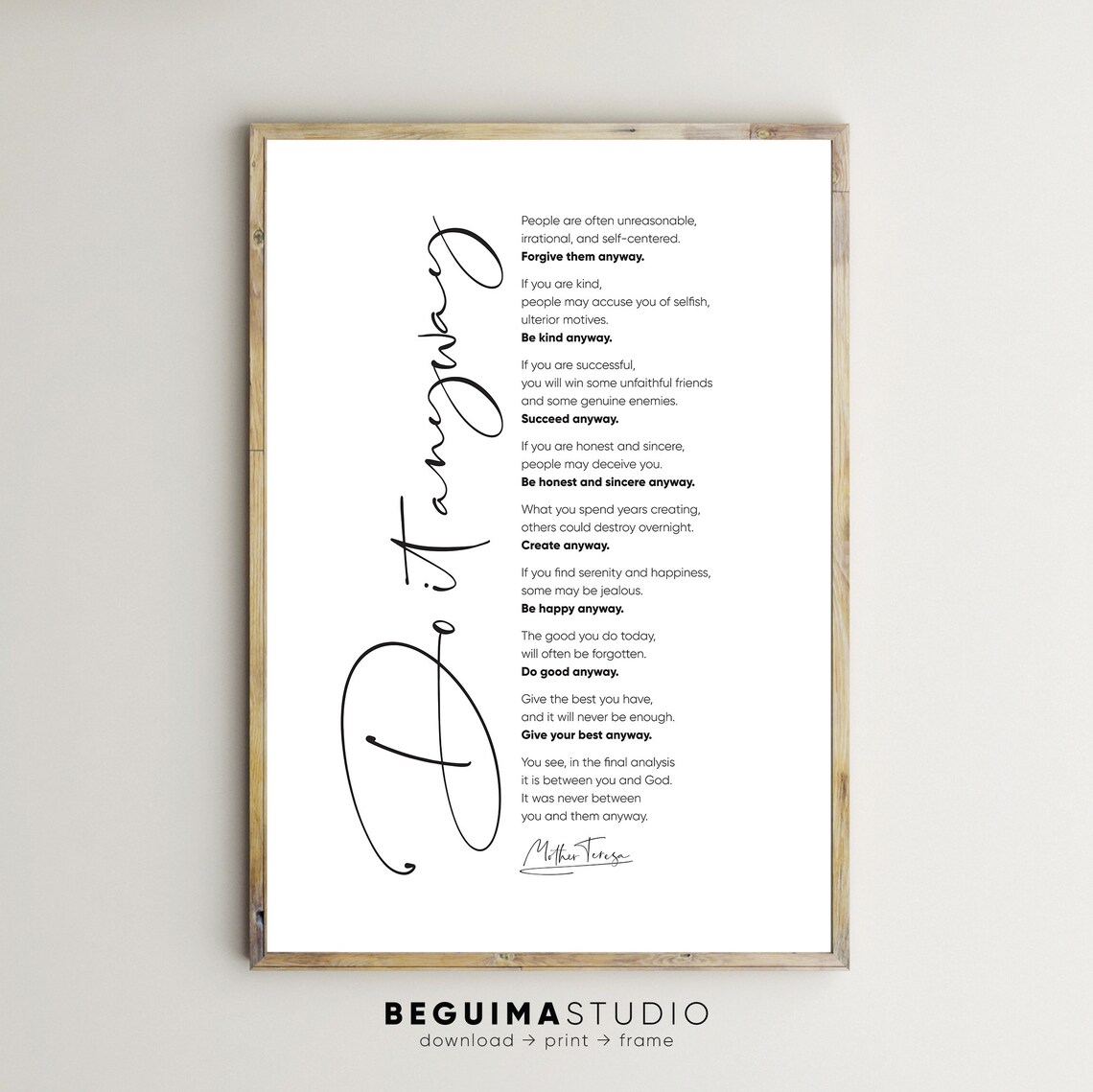 Mother Teresa Quote Do It Anyway Wall Art Print