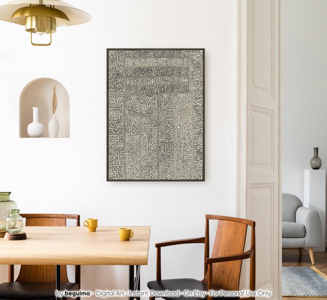 African Mudcloth Tribal Geometric Line Pattern Black Cream Poster - Image 3