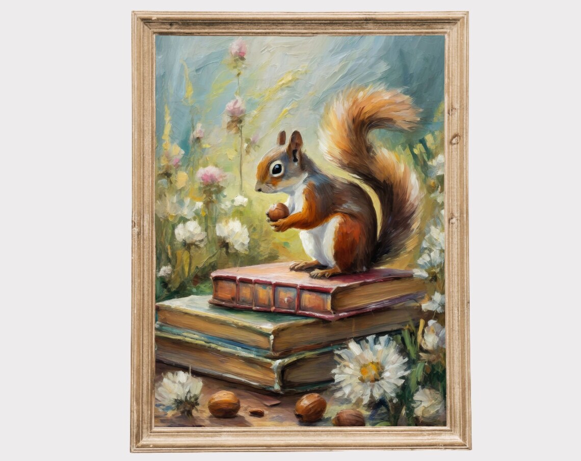 Red Squirrel With Acorn On Stack Of Books Vintage Floral Painting Poster