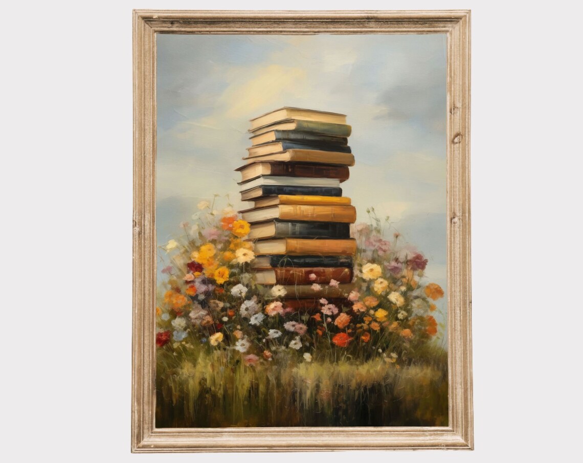 Tall Stack Of Antique Books In A Wildflower Meadow Art Poster - Image 4