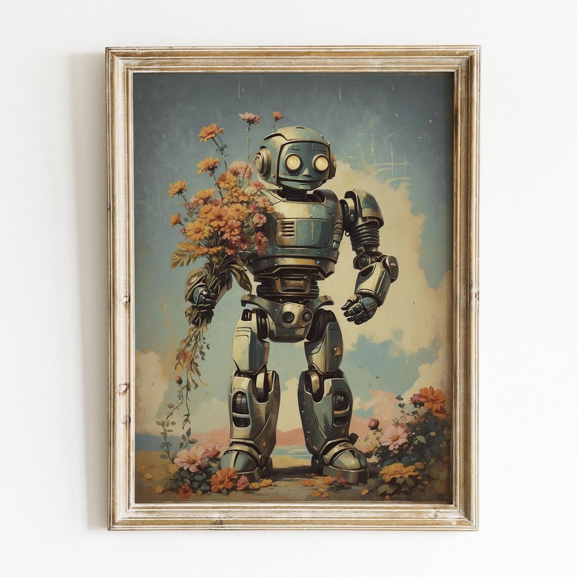 Retro Robot Holding A Bouquet Of Orange Flowers Vintage Style Print