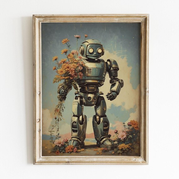 Retro Robot Holding A Bouquet Of Orange Flowers Vintage Style Print