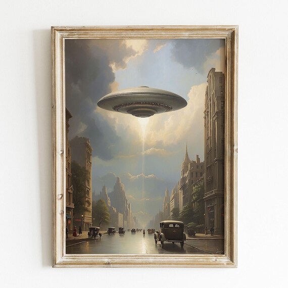 Ufo Flying Saucer Over 1930s New York Skyline Oil Painting Art Poster