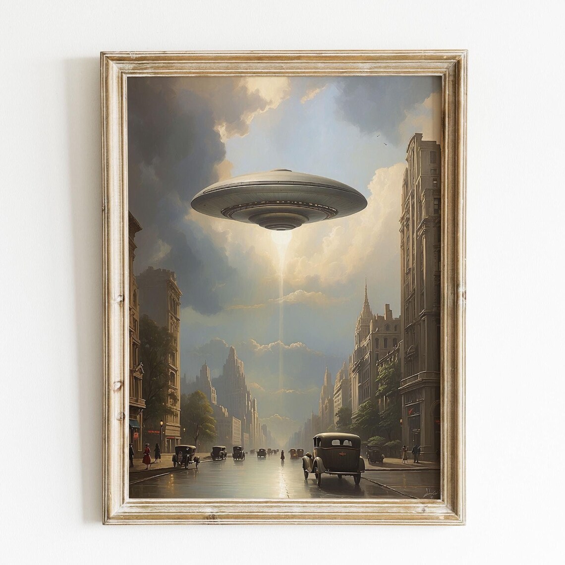 Ufo Flying Saucer Over 1930s New York Skyline Oil Painting Art Poster