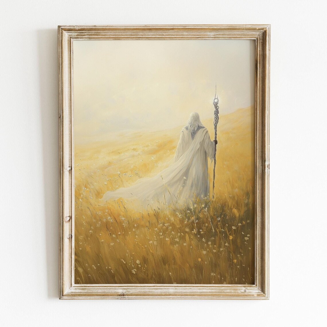 White Wizard In Golden Field Fantasy Staff Bearer Oil Painting Poster