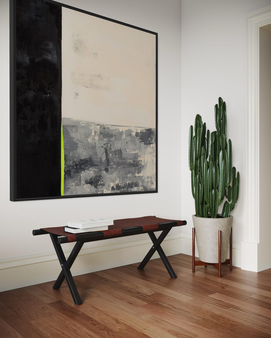 Neutral Black Cream Abstract Poster with a Neon Green Line Accent - Image 2