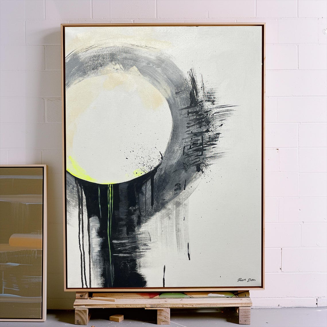 Black and White Enso Circle with Neon Yellow Accents Modern Poster