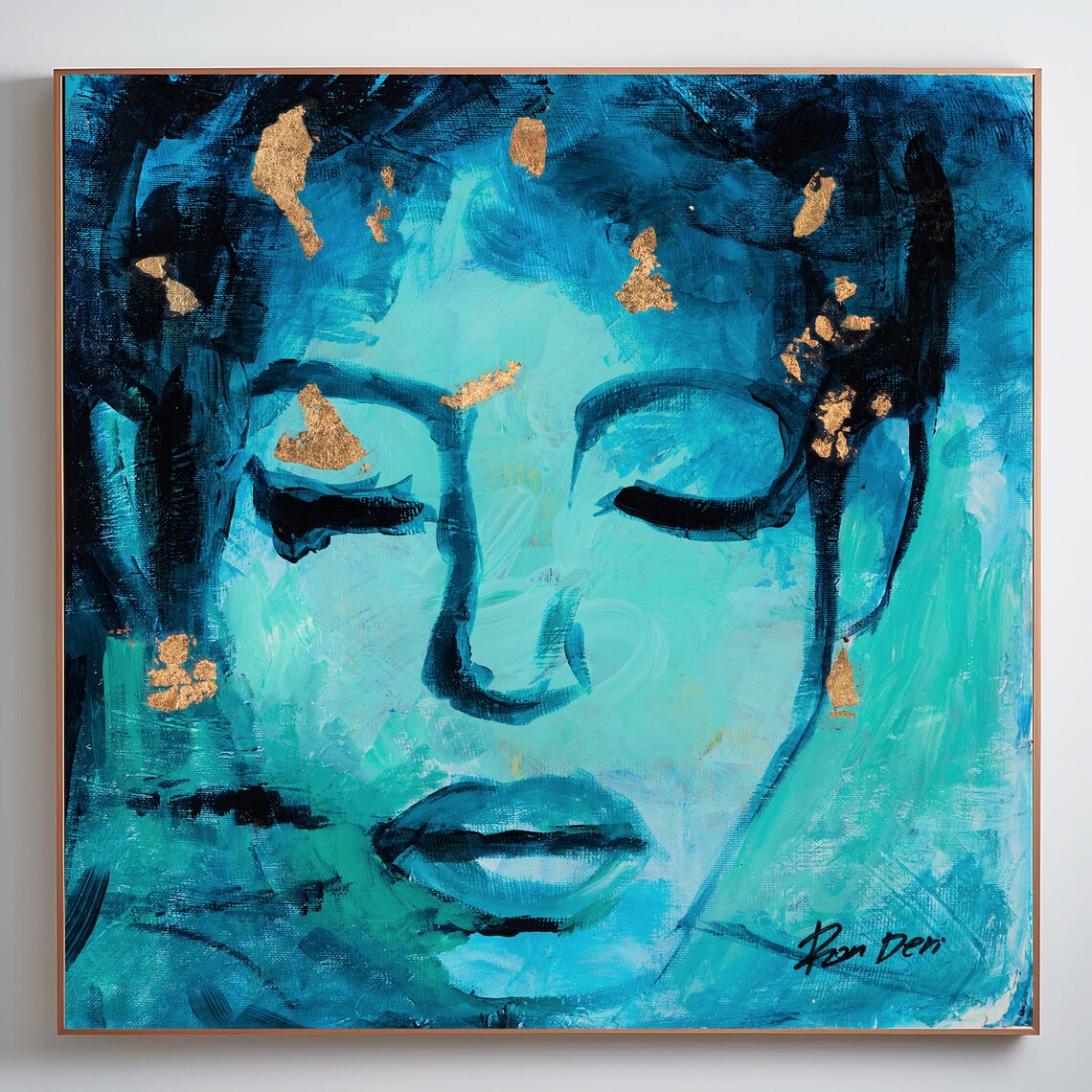 Modern Blue And Gold Abstract Square Face Art Print - Image 5