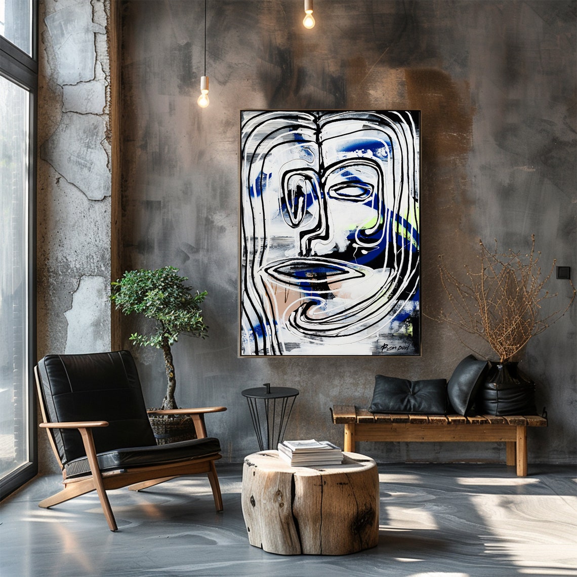White Line Face Blue Accents Tall Modern Abstract Portrait Poster - Image 5