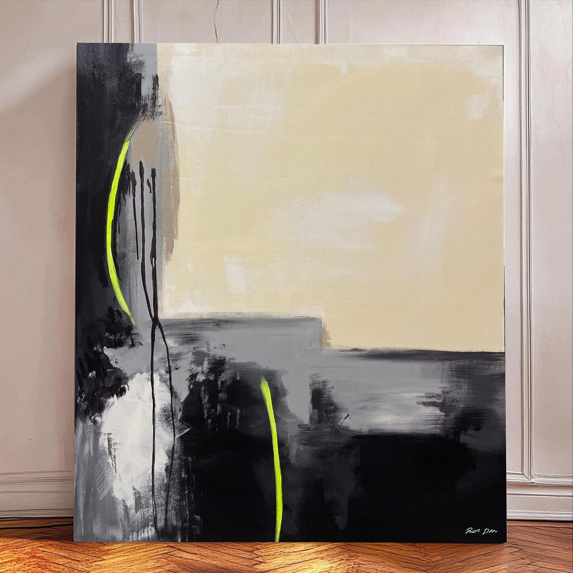 Black Beige and Gray Minimalist Abstract with Neon Green Art Poster