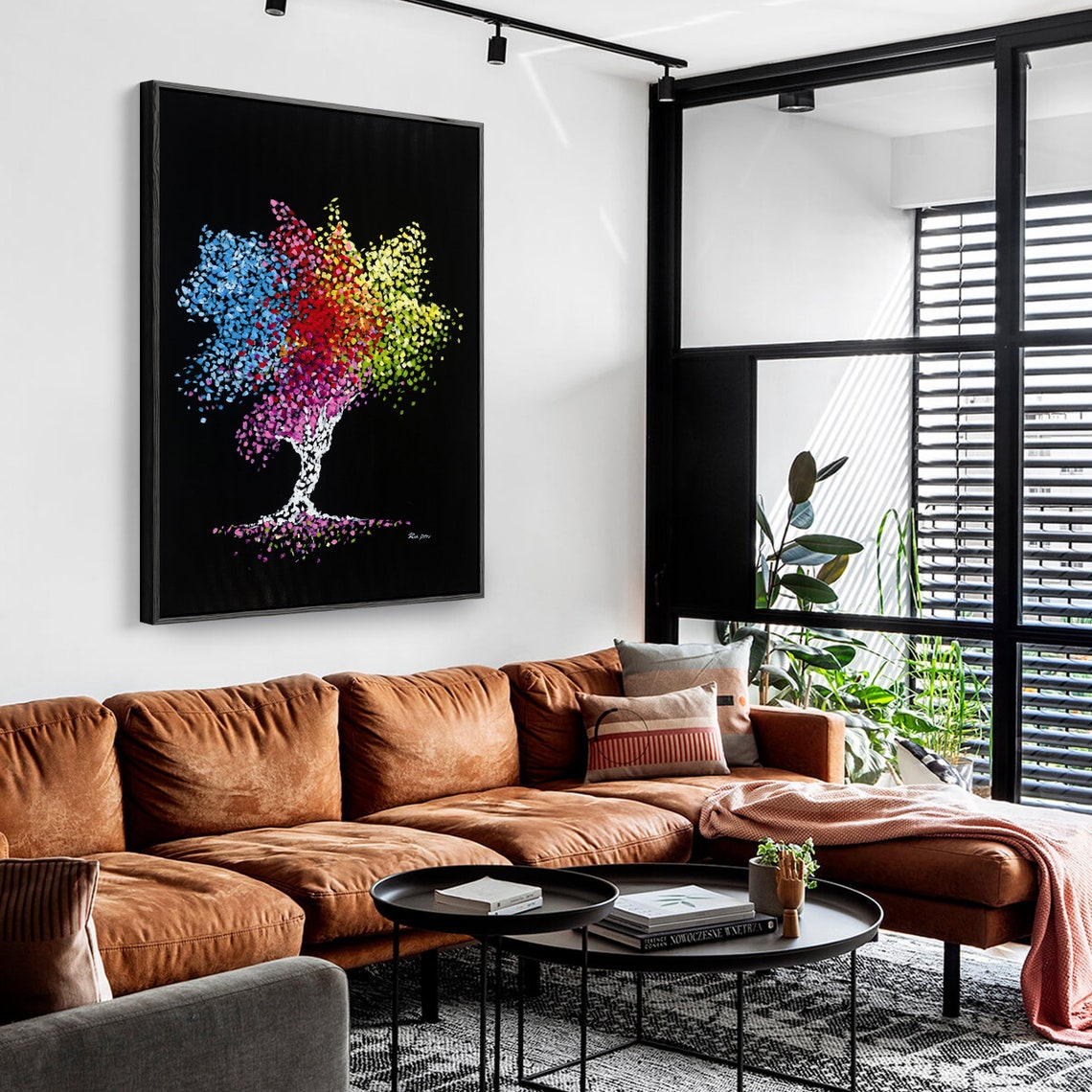 Rainbow Confetti Tree of Life on Black Vertical Modern Art Poster - Image 4