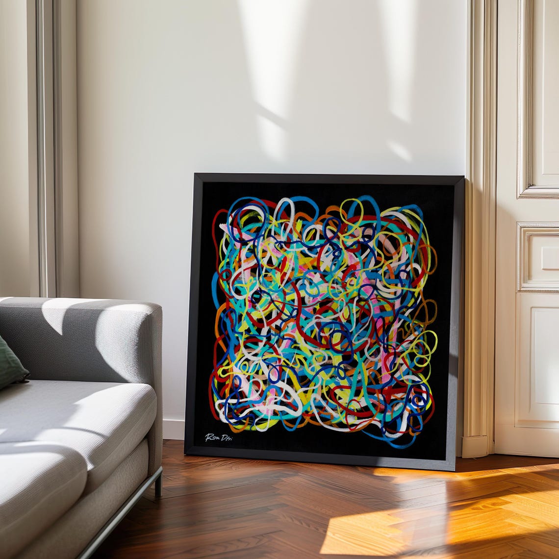 Neon Scribble Line Abstract Poster Electric Doodle Art on Black - Image 5