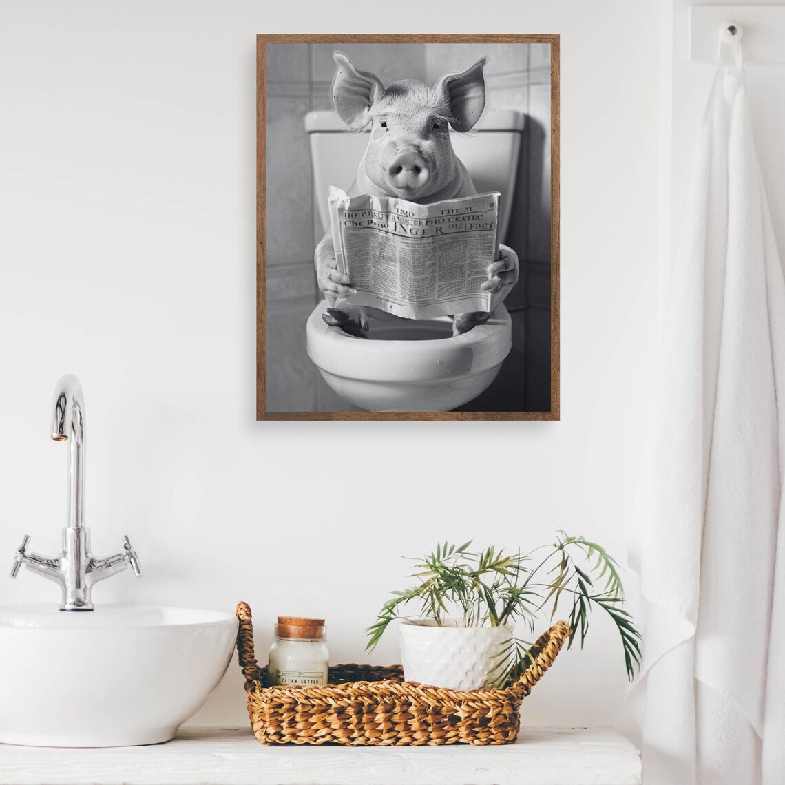 Pig Reading a Newspaper on the Toilet Black and White Bathroom Poster - Image 2
