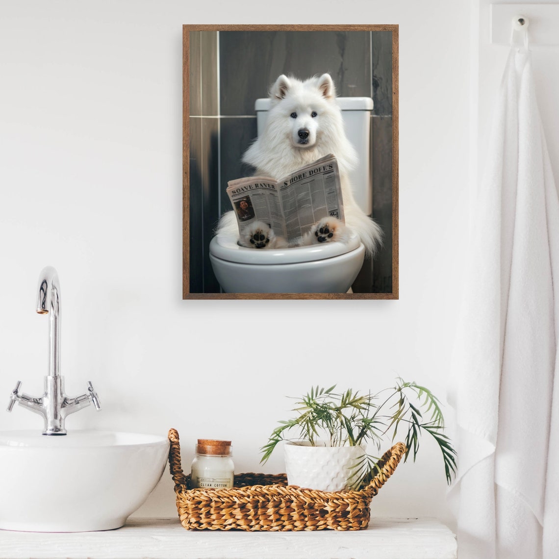 Samoyed Reading Newspaper on Toilet Fluffy White Dog Bathroom Poster - Image 2