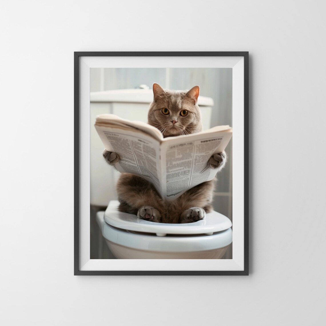 British Shorthair Cat Reading Newspaper on Toilet Funny Cat Poster - Image 3