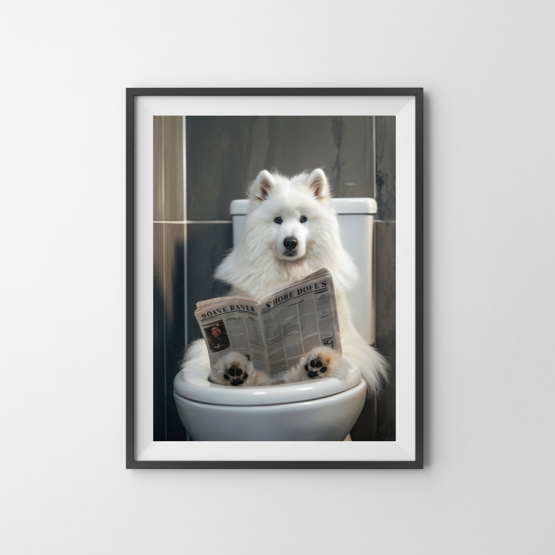 Samoyed Reading Newspaper on Toilet Fluffy White Dog Bathroom Poster - Image 3