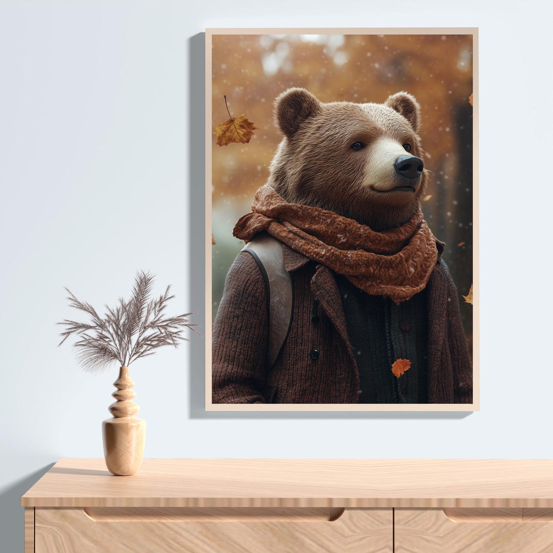 Cute Bear in Fall Coat Scarf Autumn Leaves Whimsical Art Poster - Image 2
