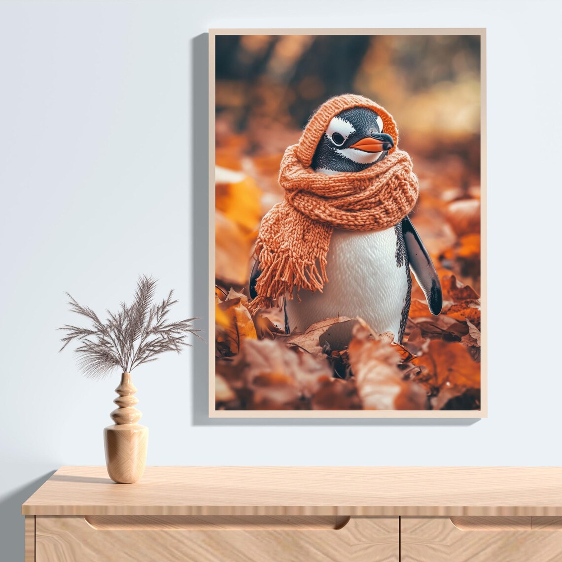 Penguin in a Knit Scarf and Hood Among Autumn Leaves Fall Poster - Image 2