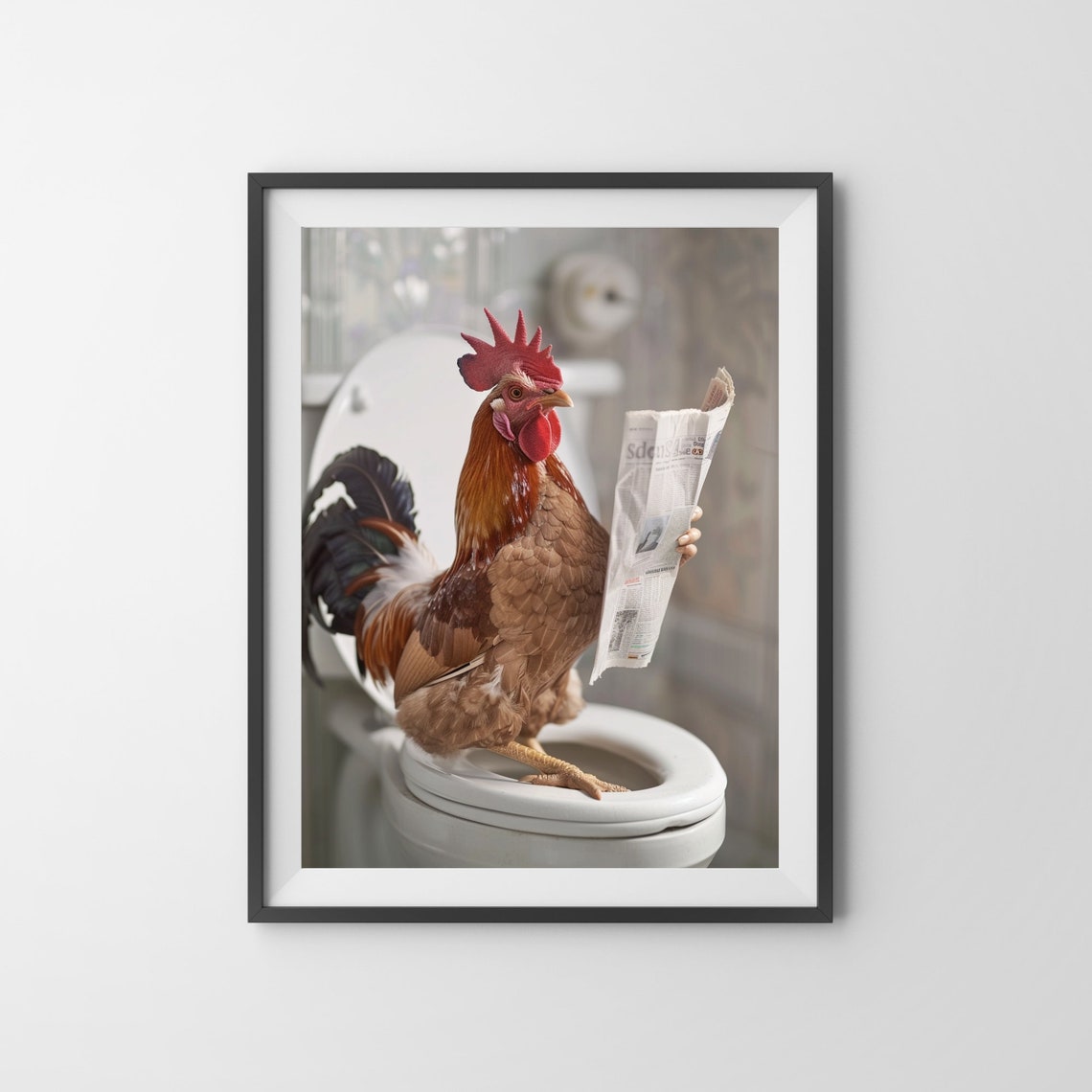 Rooster Reading a Newspaper While Perched on the Toilet Funny Poster - Image 3