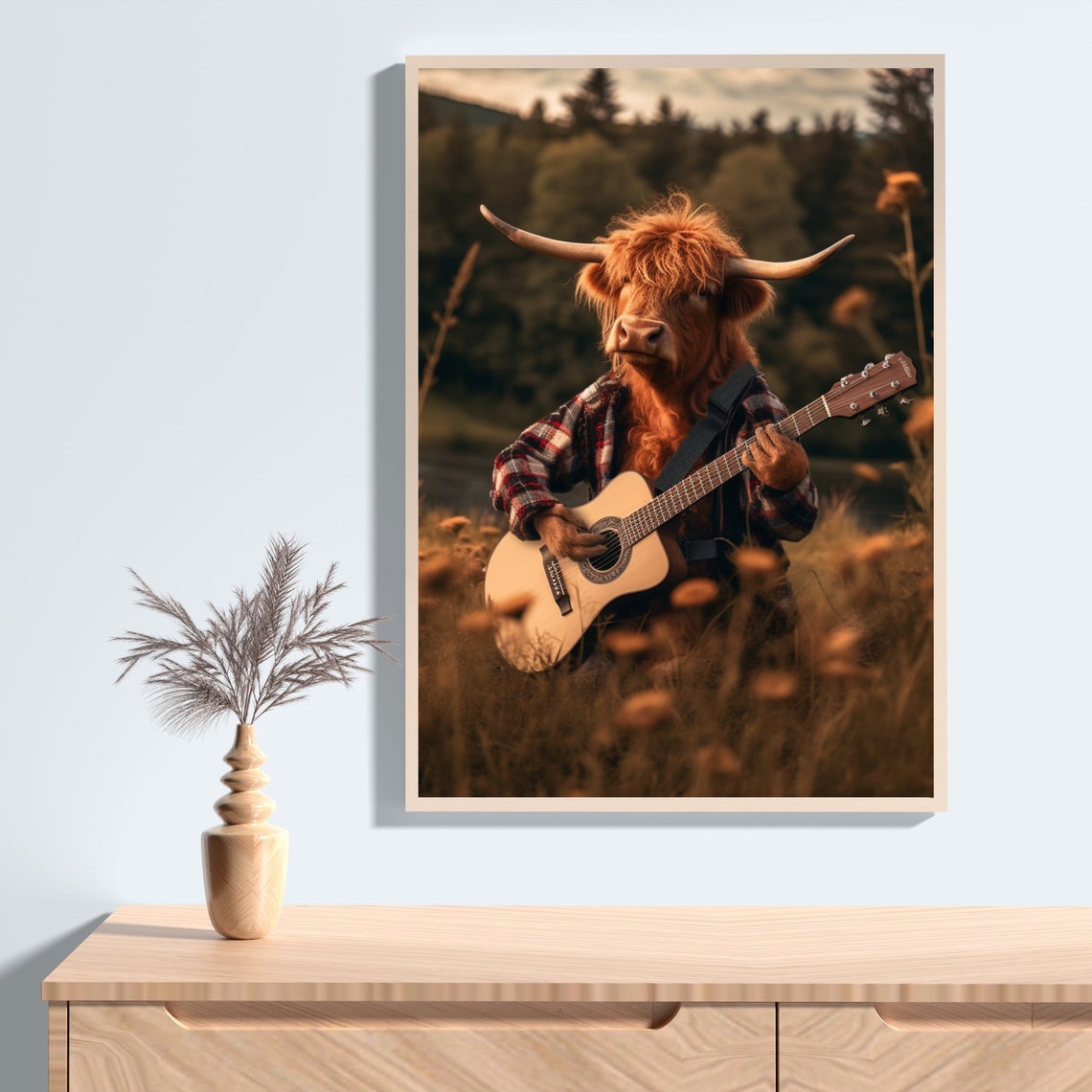Highland Cow Playing Guitar Funny Animal Print Funny Cow Wall Art Music Decor Farm Animal Art Retro Cow Humour Vintage Animal Print - Image 2