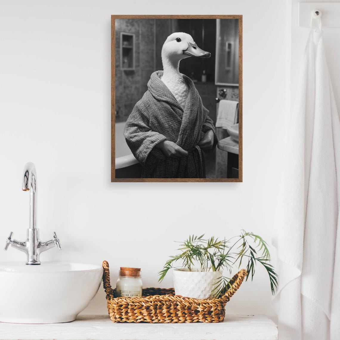 Duck In A Bathrobe Funny Black And White Bathroom Wall Poster - Image 2