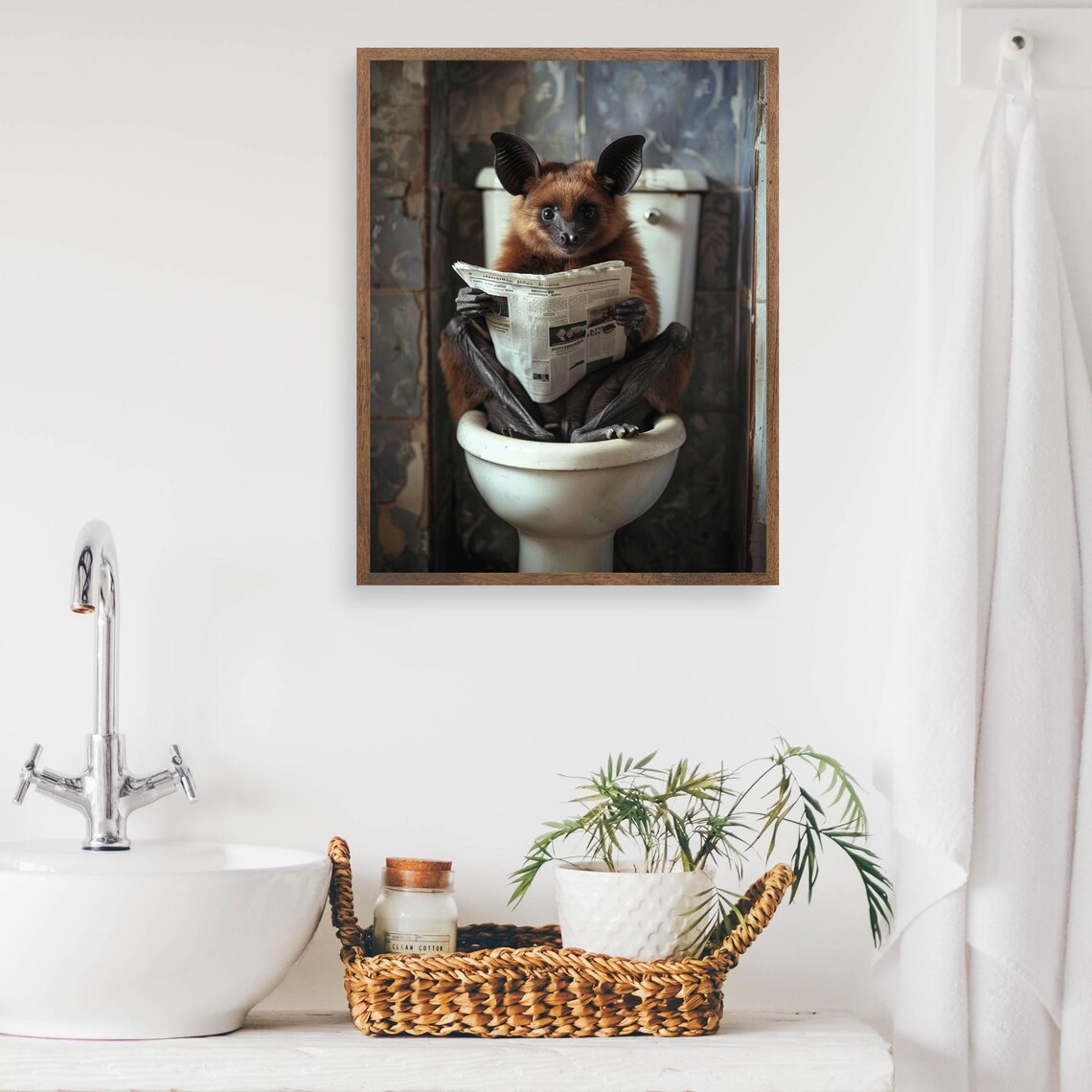 Fruit Bat Reading Newspaper on Toilet Funny Vintage Bathroom Poster - Image 2
