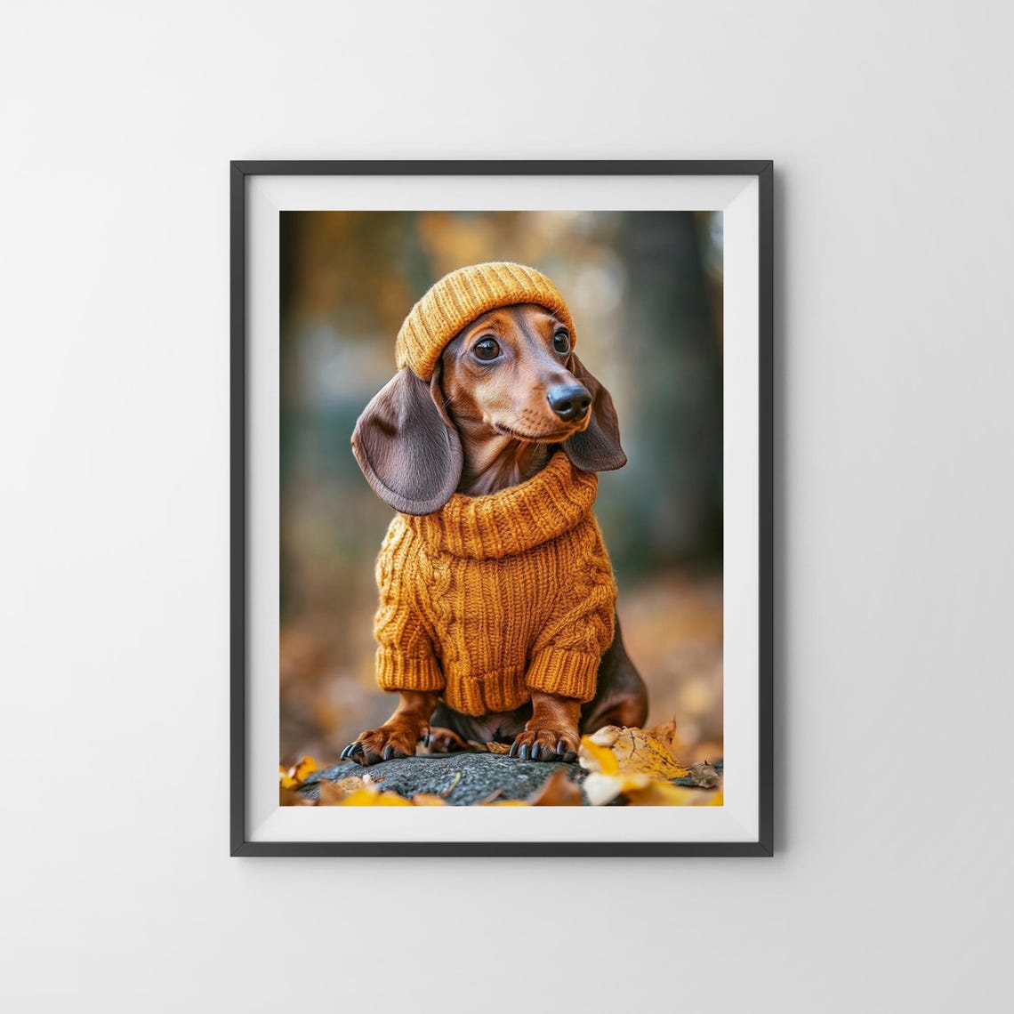 Dachshund in Mustard Knit Sweater Autumn Fall Pet Portrait Poster - Image 3