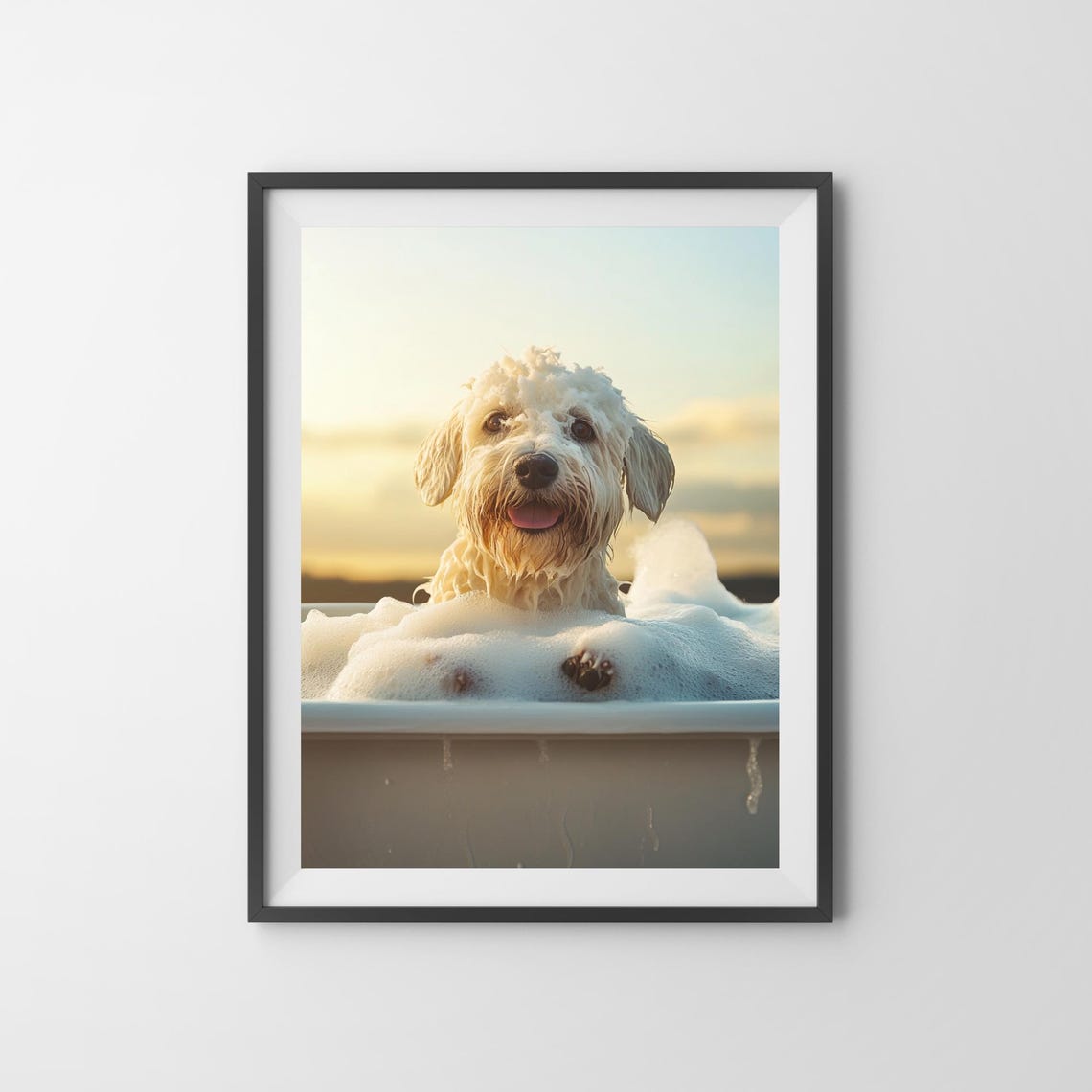 Old English Sheepdog Taking A Bubble Bath Sunset Bathroom Poster - Image 3