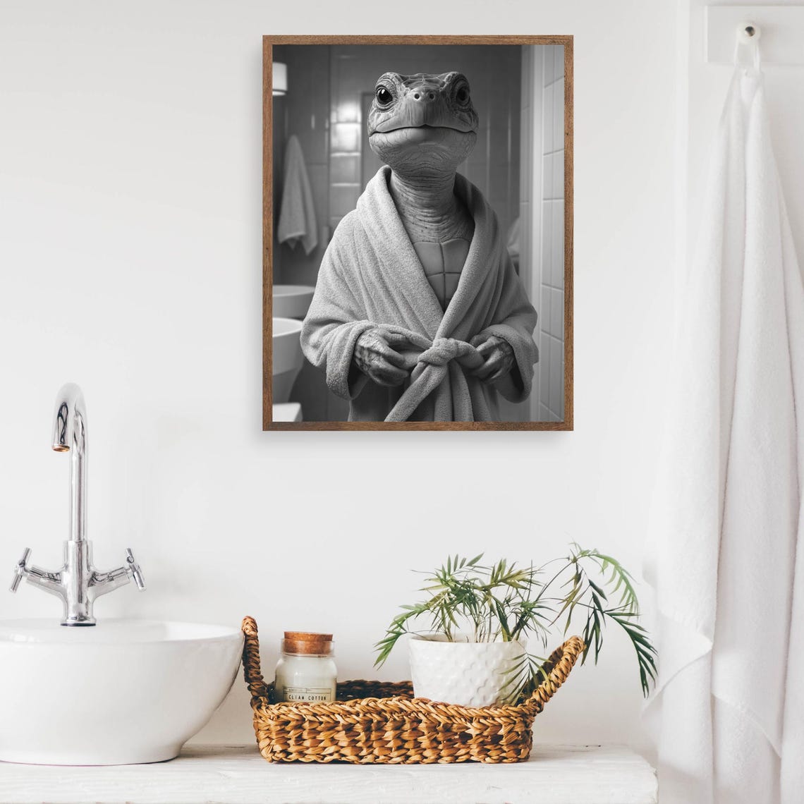 Turtle Wearing White Bathrobe Funny Black and White Bathroom Poster - Image 2