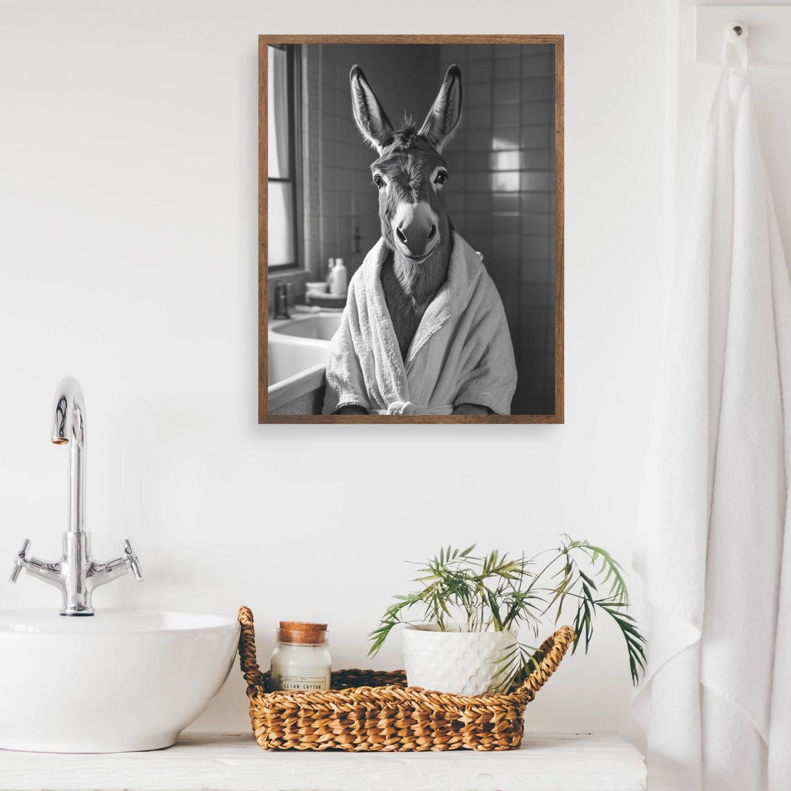 Donkey Wrapped in a Bathrobe in a Black and White Bathroom Poster - Image 2