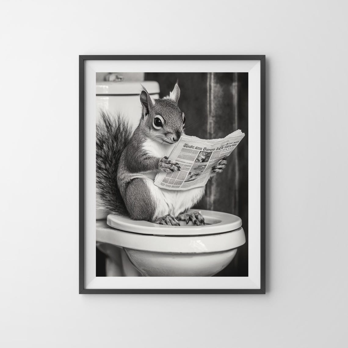 Squirrel Reading Newspaper on Toilet Black and White Funny Poster - Image 3