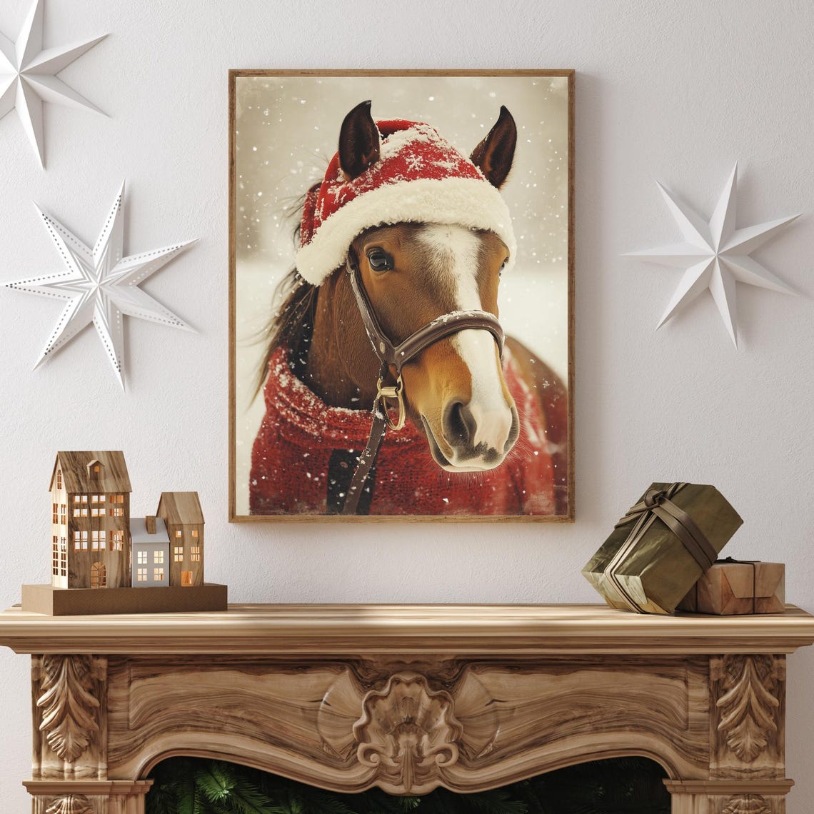 Horse In Christmas Clothes Holiday Horse Wall Art Funny Christmas Animal Print Cozy Winter Decor Horse Lover Gift Cute Holiday Ai Print - Image 2