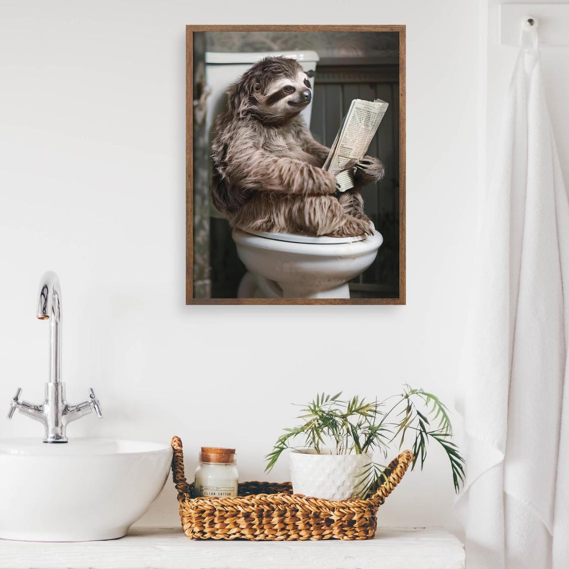 Sloth on the Toilet Reading a Newspaper Funny Bathroom Poster - Image 2
