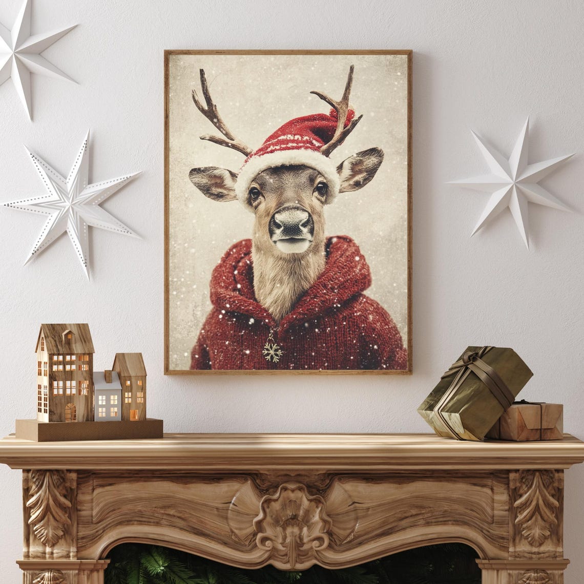 Reindeer Wearing Santa Hat and Red Knit Sweater in Snowfall Poster - Image 2