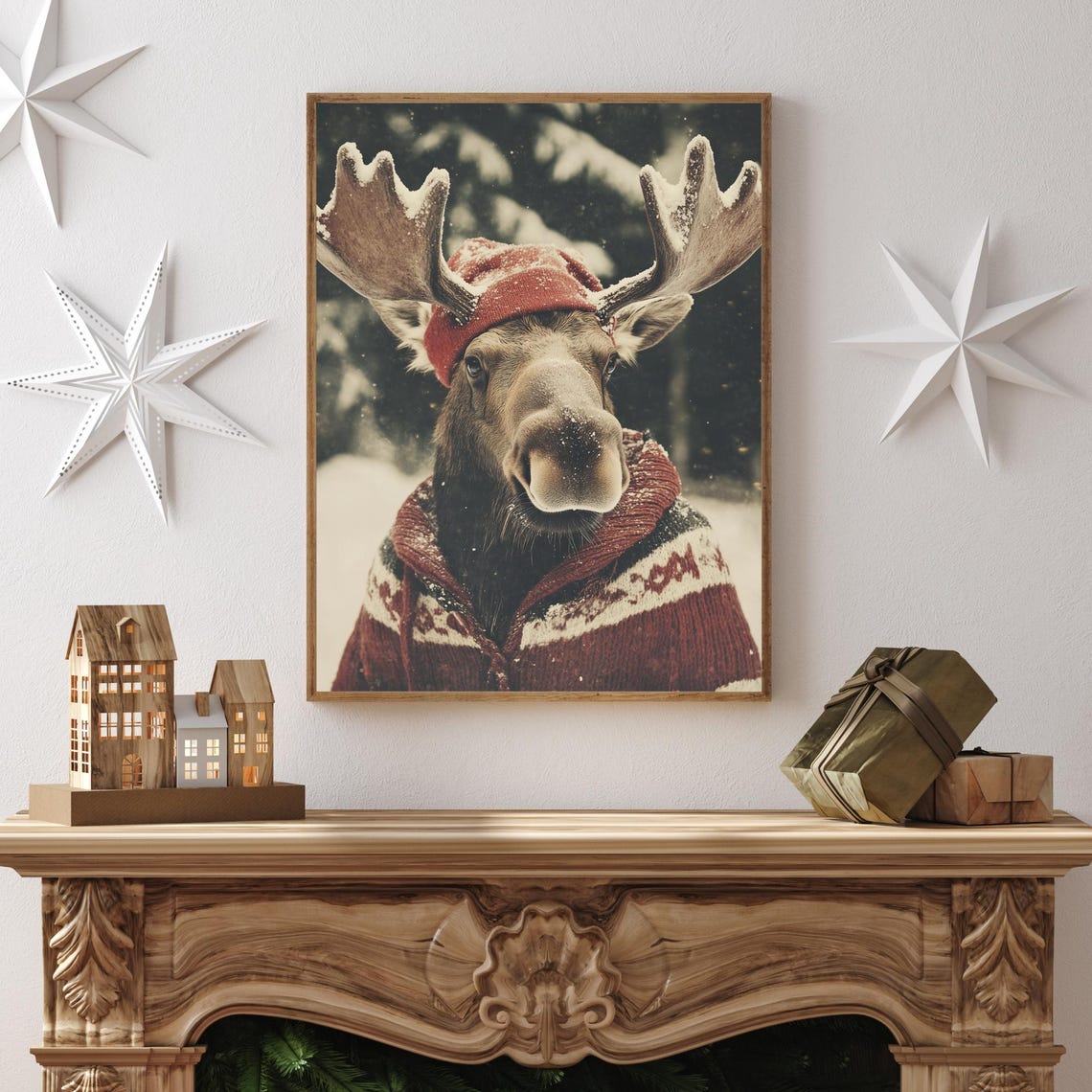 Moose Wearing Red Beanie And Knit Sweater Snowy Christmas Poster - Image 2