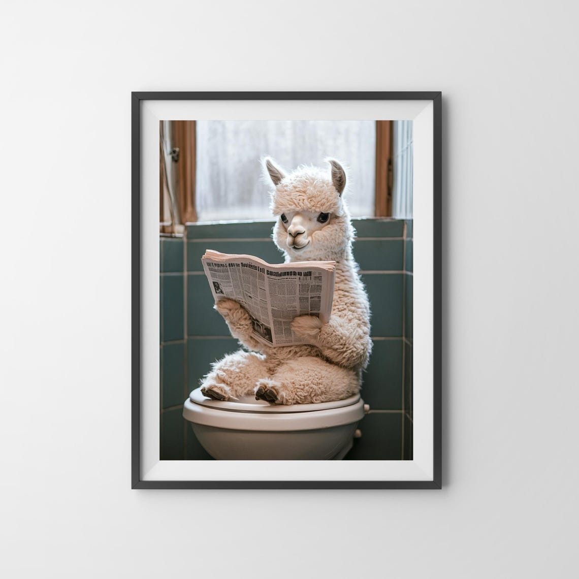 Fluffy Alpaca Reading Newspaper on Toilet Funny Bathroom Poster - Image 3