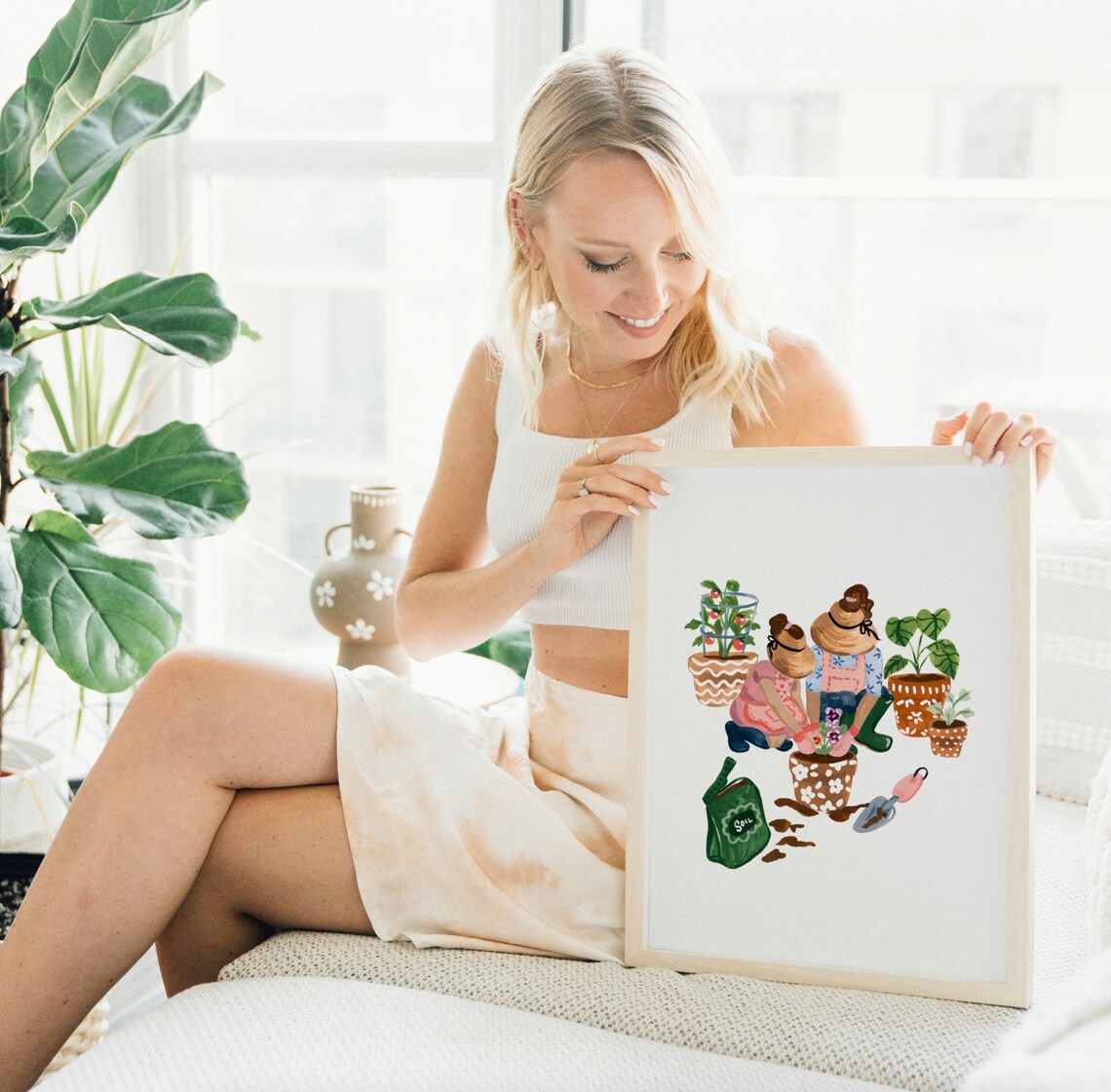 Mom And Daughter Gardening Watercolor Art Print - Image 2