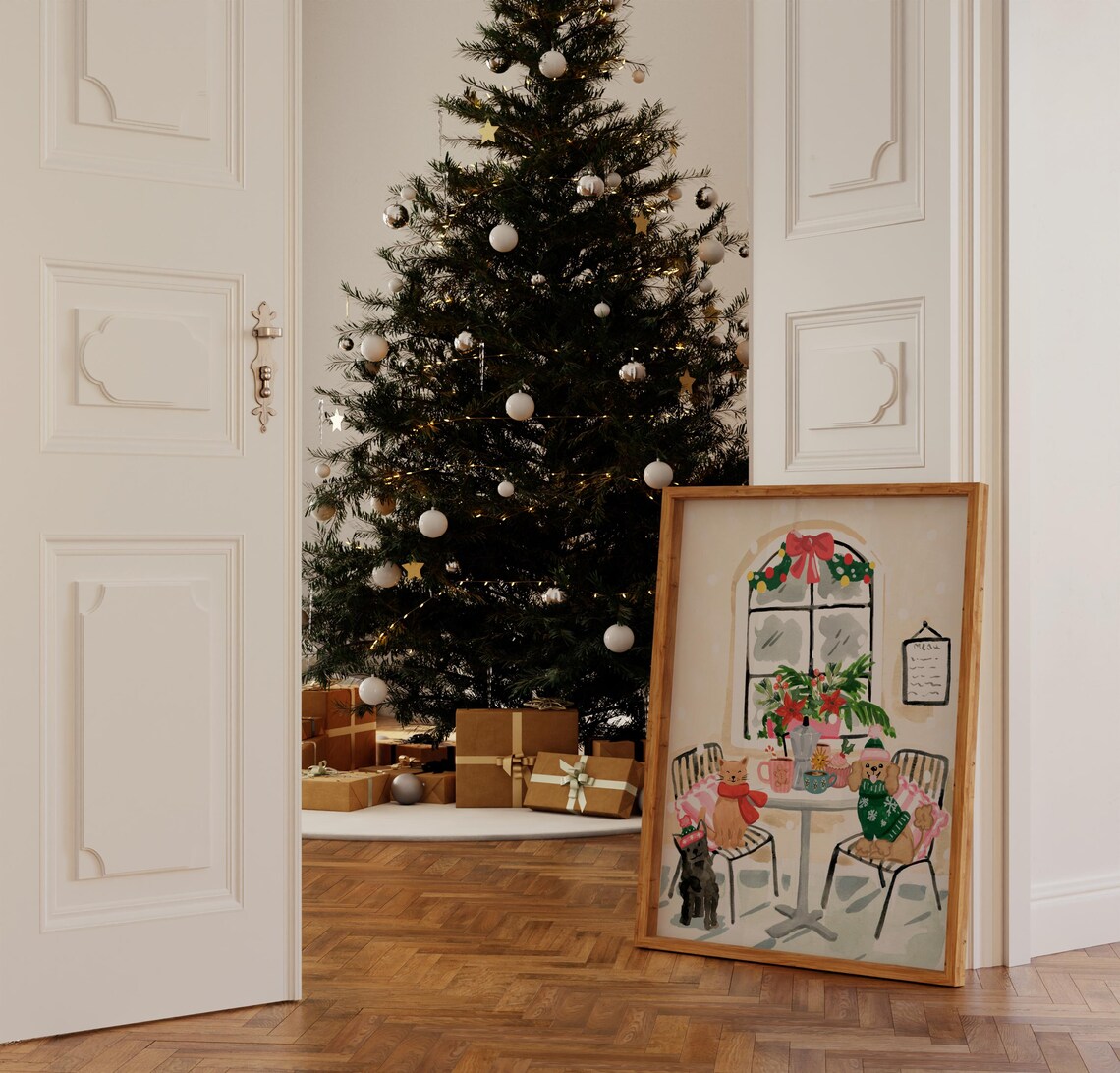 Christmas Cafe Art Print, Festive Cats Dogs Holiday Table - Image 4